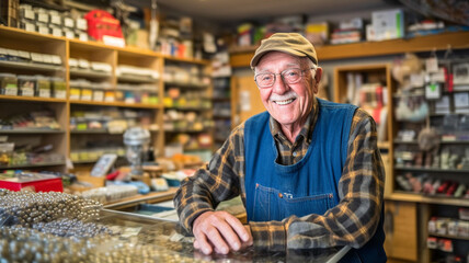 elderly man is shopkeeper of a local small business selling goods or services, fictional location - obrazy, fototapety, plakaty