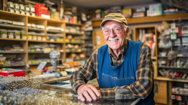 elderly man is shopkeeper of a local small business selling goods or services, fictional location