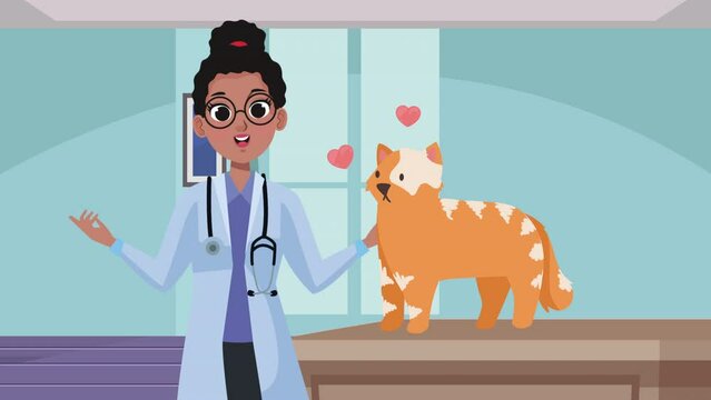 female veterinary with cat mascot animation