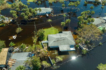 Aftermath of natural disaster. Flooded houses by hurricane Ian rainfall in Florida residential area