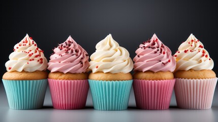 Illustration of a colourful assortment of cupcakes displayed on a table created with Generative AI technology