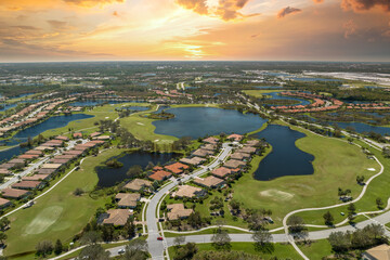 Flooded houses by hurricane Ian rainfall in Florida residential area. Consequences of natural...