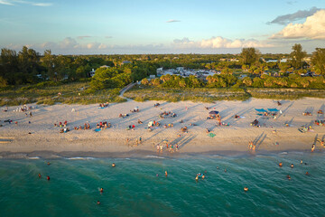 High angle view of crowded Nokomis beach in Sarasota County, USA. Many people enjoing vacations...