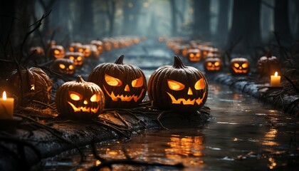 Obraz premium Halloween Pumpkins On Wood In A Spooky Forest At Night