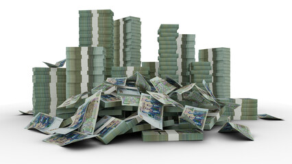 Big stacks of Algerian dinar notes. A lot of money isolated on transparent background. 3d rendering of bundles of cash