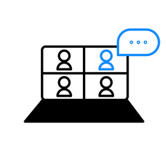 Video conference icon. Internet teaching media. People on computer screen. Digital communication. Vector illustration. stock image.