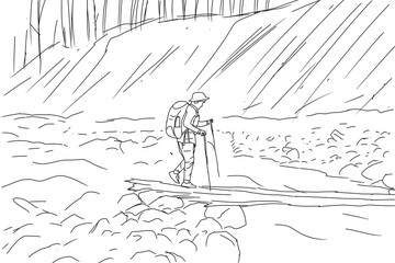 Person on the mountain valley sketch illustration