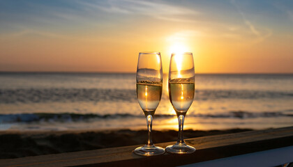 two glasses of champagne on the beach at sunset with sea on the background