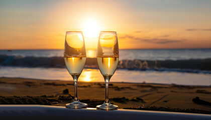 two glasses of champagne on the beach at sunset with sea on the background