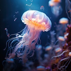 Fototapeta premium Underwater photography of a blue jellyfish, glowing deep in the ocean