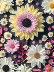 Colorful flowers pattern background, Paper art style An intricate 3D highdefinition detailed wallpaper, Generative Ai.