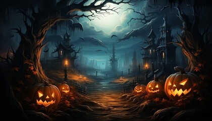Fototapeta premium Forest pumpkins. Horror background with autumn valley with woods, spooky tree, pumpkins and spider web