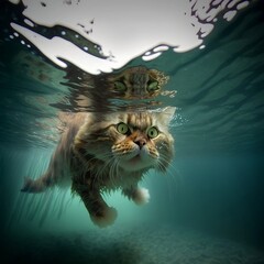 Angry Cat In The Sea. Generative AI