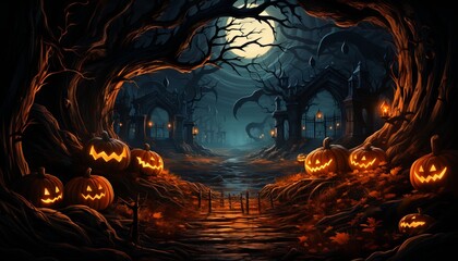 Obraz premium Forest pumpkins. Horror background with autumn valley with woods, spooky tree, pumpkins and spider web