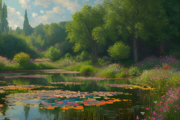 a landscape with a pond in the impressionist style trending