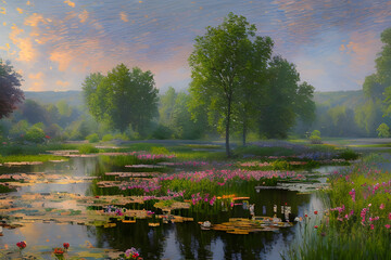 a landscape with a pond in the impressionist style trending