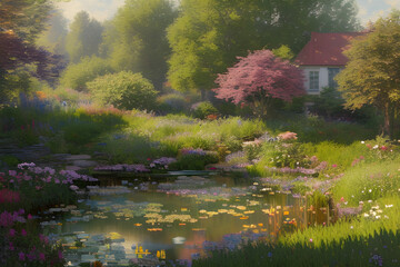 a landscape with a pond in the impressionist style trending