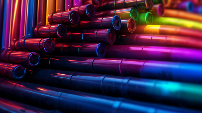 Blacklight, neon colored, glowing underground piping system.