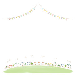 水彩風のかわいい街並みとガーランドのフレーム