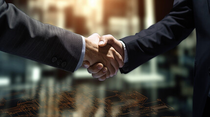 two businessmen shake hands in professional conditions and following the signing of a contract created by generative AI