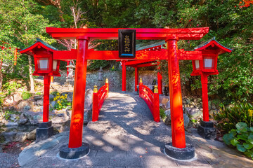Fototapeta na wymiar Beppu, Japan - Nov 25 2022: Hakuryu Inari Okami (White Dragon Inari Okami) shrine at Umi Jigoku hot spring in Beppu, Oita, one of Japan's most famous hot spring resorts