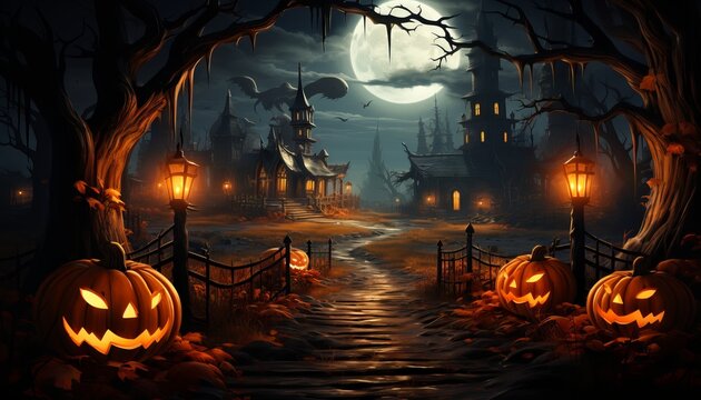 Forest pumpkins. Horror background with autumn valley with woods, spooky tree, pumpkins and spider web