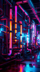 Blacklight, neon colored, glowing underground piping system. 