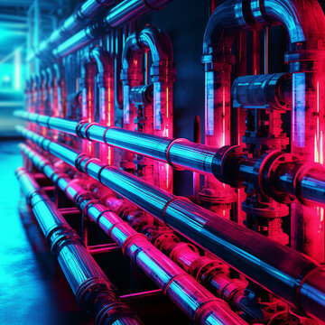 Blacklight, neon colored, glowing underground piping system. 