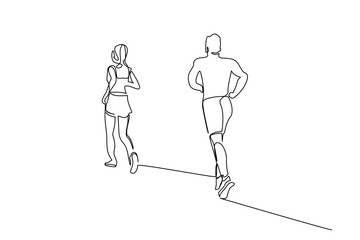 young man woman couple running sport health lifestyle full body length line art