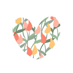 illustration tulips flowers in heart shape, colorful valentine card	