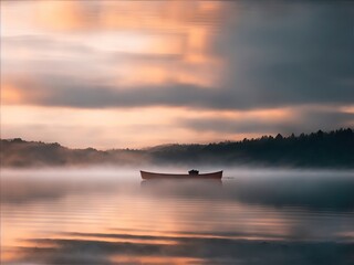 Fototapeta na wymiar Boats in the middle of the lake at sunrise- AI Generative