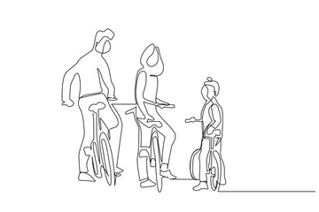 Obraz na płótnie Canvas happy family mom dad and kids riding bike together activity lifestyle line art