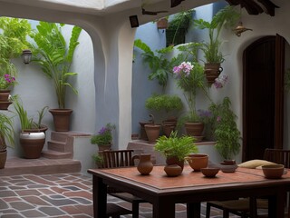 Fototapeta na wymiar Interior patio of a house with Mexican architecture with some plants, you can see the wooden dining room in an afternoon- AI Generative