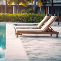 Fototapeta premium Illustration of beach luxury villa hotel ocean. Empty deck chair around outdoor swimming pool in hotel resort for leisure vacation. Realistic 3D illustration. Generative AI