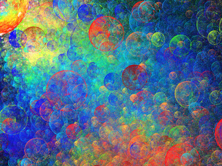 Creaci&oacute;n de arte fractal digital compuesta de burbujas transl&uacute;cidas aglomeradas en colores vivos sobre un fondo oscuro mostrando algo con aspecto de ser un fen&oacute;meno gal&aacute;ctico de energ&iacute;a fluorescente.