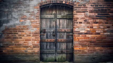 Fototapeta na wymiar Ancient wooden door with lock in old stone wall. Old and worn door in a historic building. Door in a traditional old wooden abandoned house. Realistic 3D illustration. Generative AI
