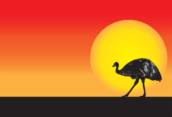 emu black and white with moon and orange sunset]