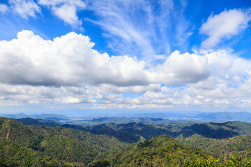 Green mountains and beautiful cloudy sky under blue sky.