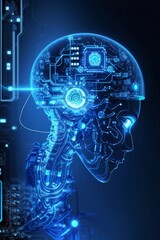 Robotic Chip with Glowing Blue Human Brain Connection