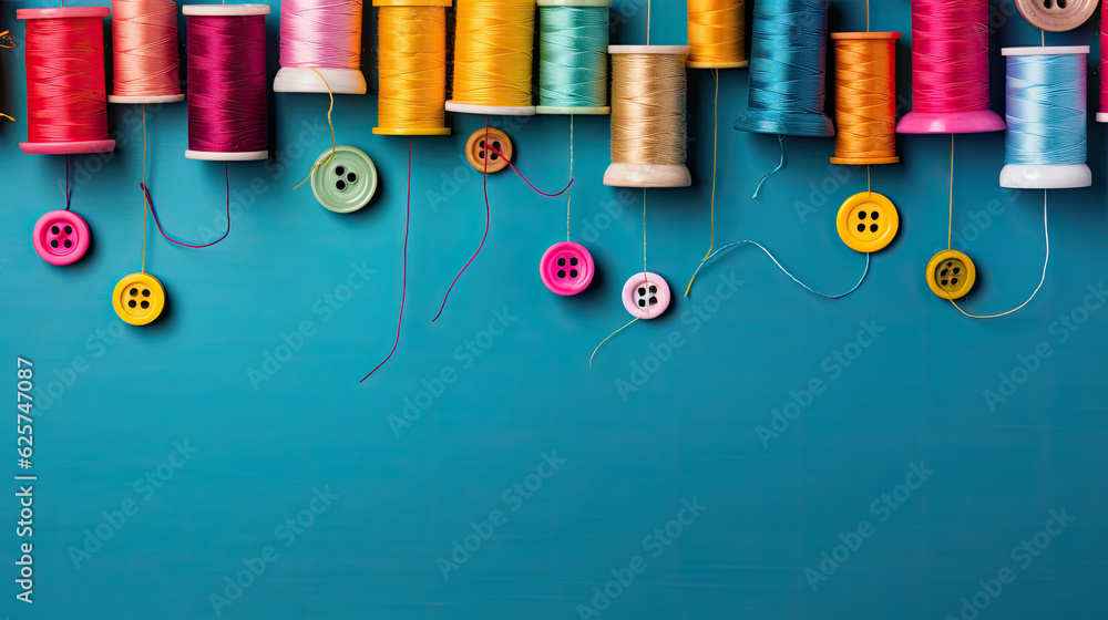 Poster colorful threads on spools isolated on blue background with free text space for designers. generativ