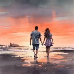 A detailed watercolor painting of a couple holding hands and walking along a beach at sunset. Generative AI