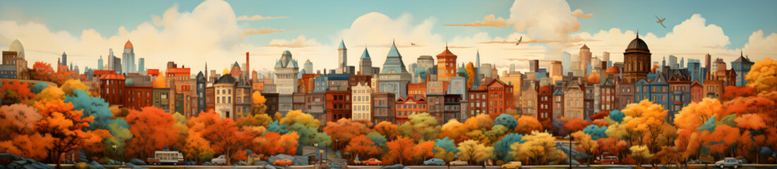 warm light New york landscape cartoon style, Generative AI - obrazy, fototapety, plakaty