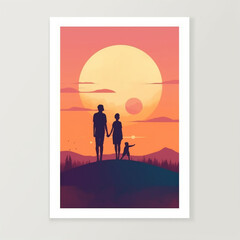 An artistic and abstract illustration of a couple's silhouettes against a vibrant sunset sky, symbolizing the beauty of love. Perfect for a contemporary Valentine's Day art print. Generative AI