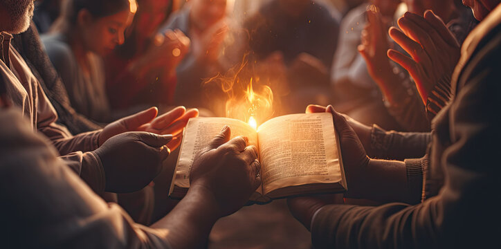 people stand around an open book and worship it, golden sparks fly out of the book. religion and faith concept. Generative AI