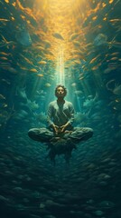 Man Meditating Underwater Art Graphic