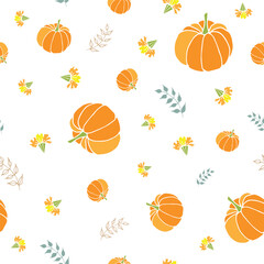 Vector Pumpkins, Flowers, and Ferns with White Background seamless pattern.  Perfect for fabric, scrapbooking, wallpaper projects and paper products.