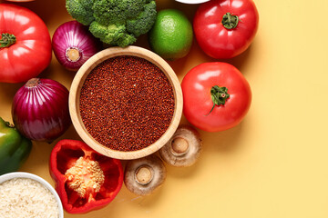 Different fresh vegetables and cereals on yellow background, closeup