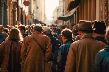 Fototapeta premium Crowd of people of different ages on narrow street, created with Generative AI technology.