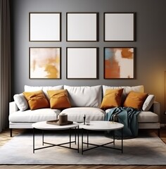 An illustration of Frame mockup in modern dark home interior background, 3d render. Made with Generative AI technology