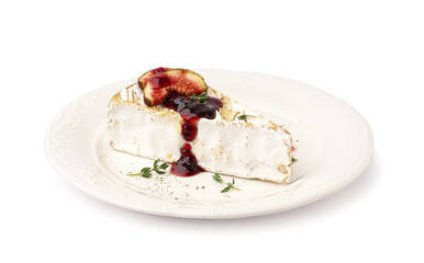 Plate with tasty baked Camembert cheese on white background